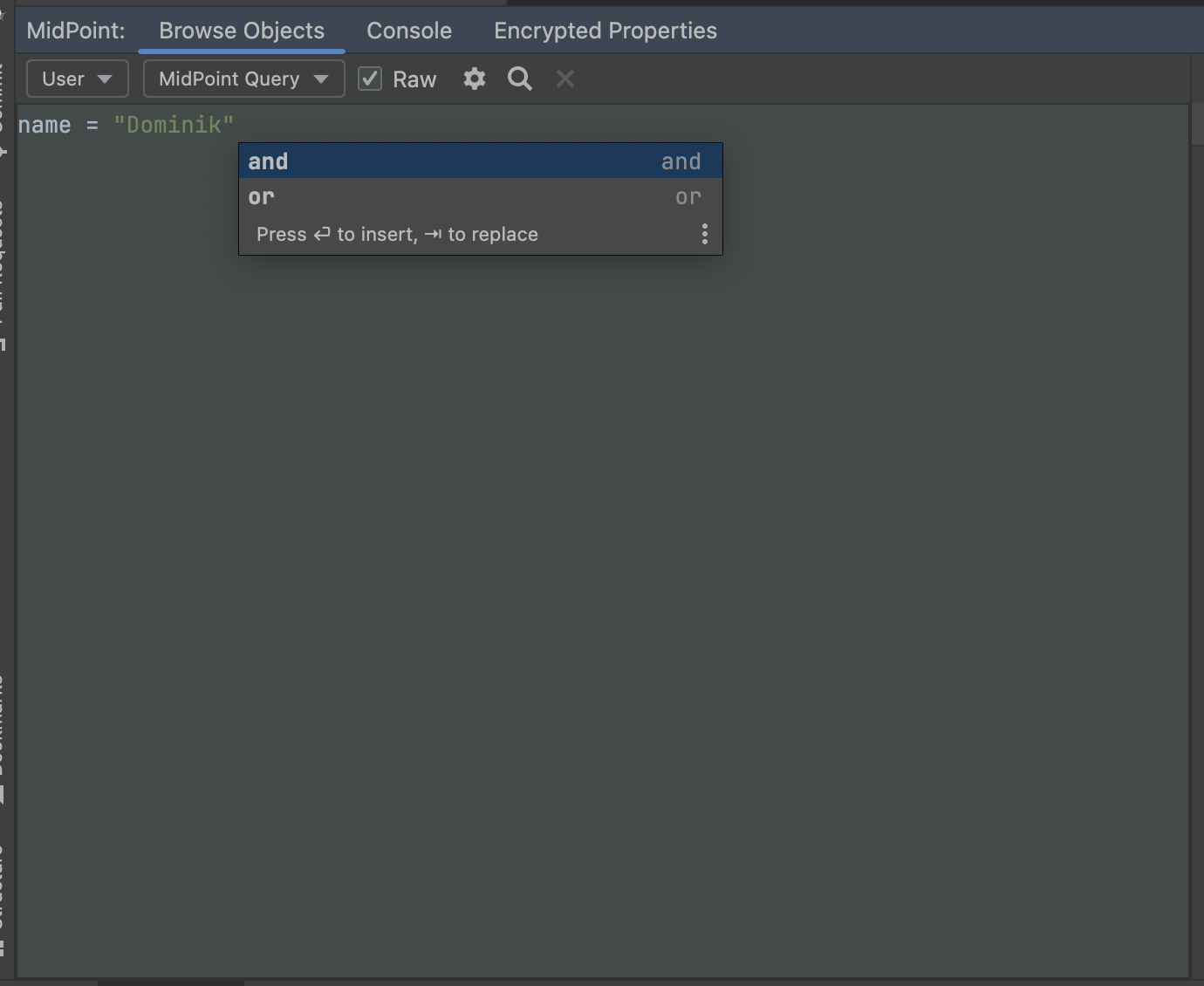 code completions for logical filter