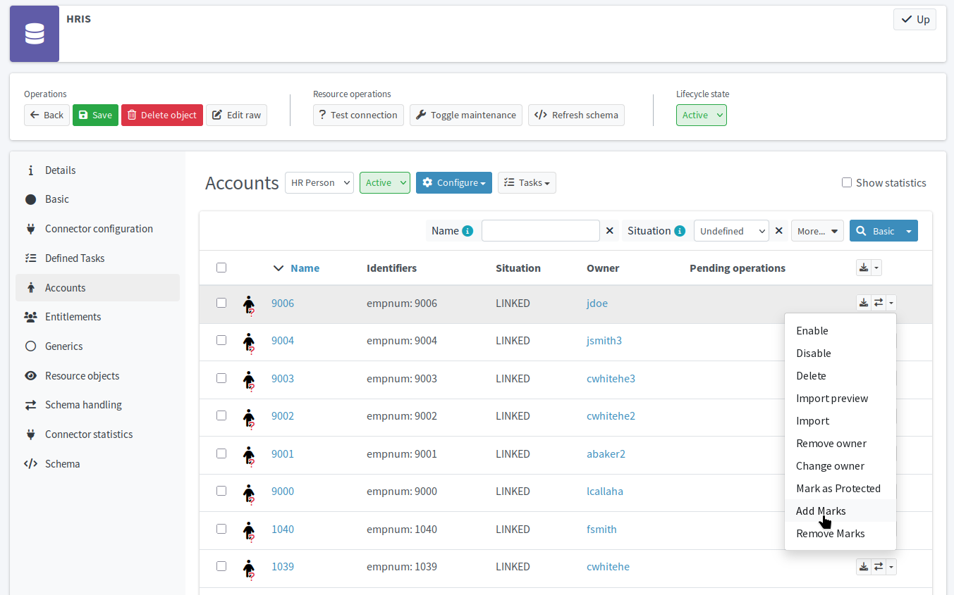 Set marks on the account for which you need to correct data manually in midPoint