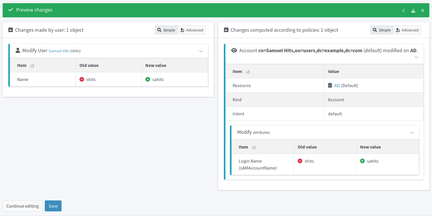 Preview screen with display of what happens when you manually change the user’s username