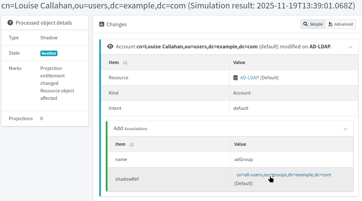 Import preview on HRIS of Luise Callahan, showing the projection entitlement would change on the resource object