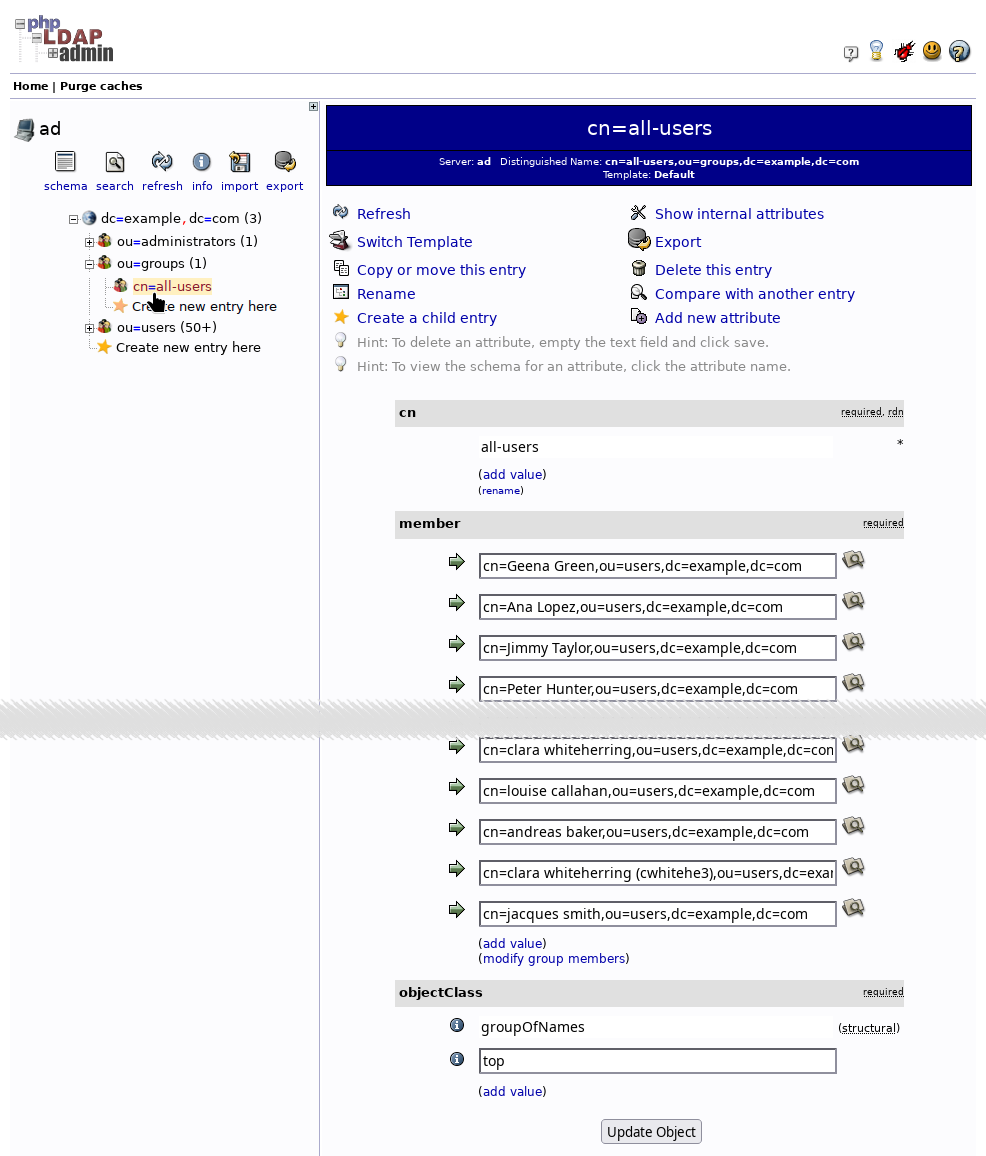 The all-users group member list in the LDAP user interface. The new users are shown at the bottom.