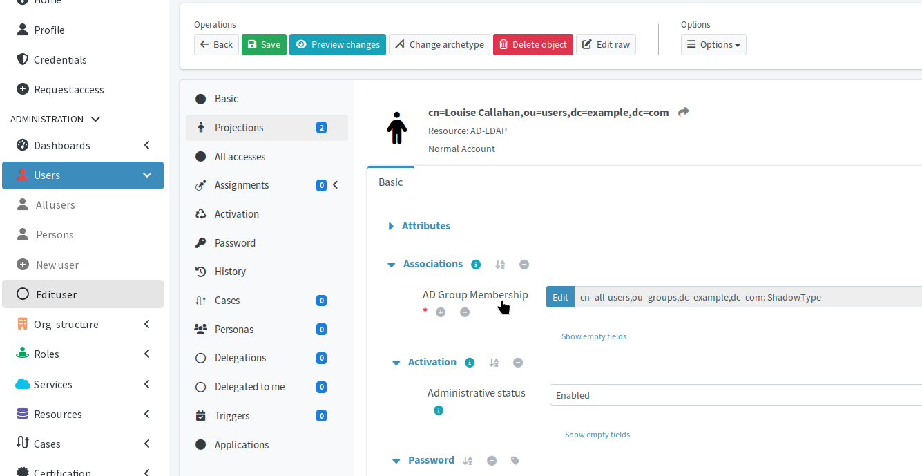 The projections screen in Luise Callahan’s user profile in midPoint showing the user is a member of the all-users group on LDAP