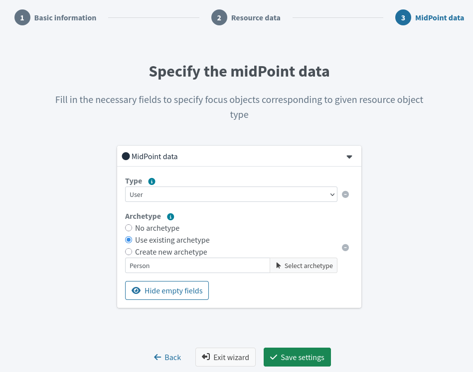 Object type configuration screen with the type set to User and the archetype to Person