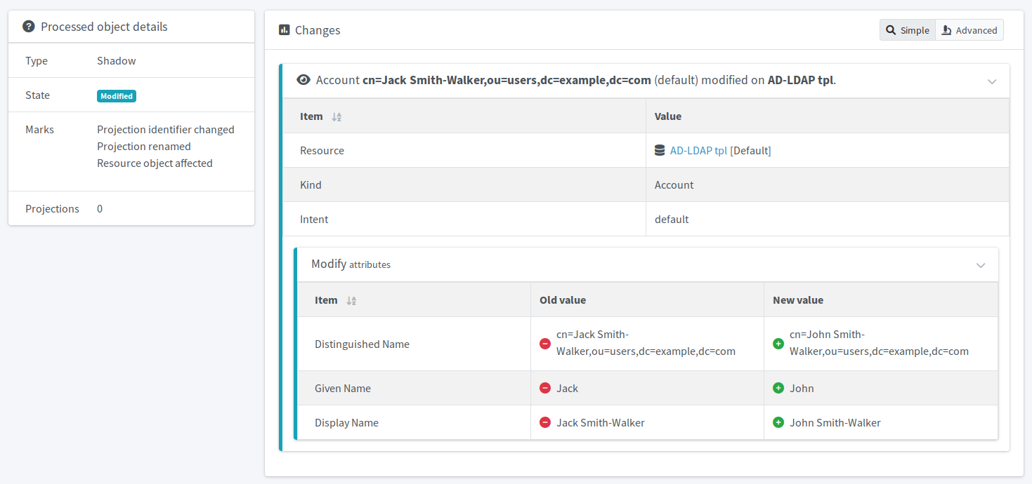 Projection renamed showing simulated changes on an LDAP account