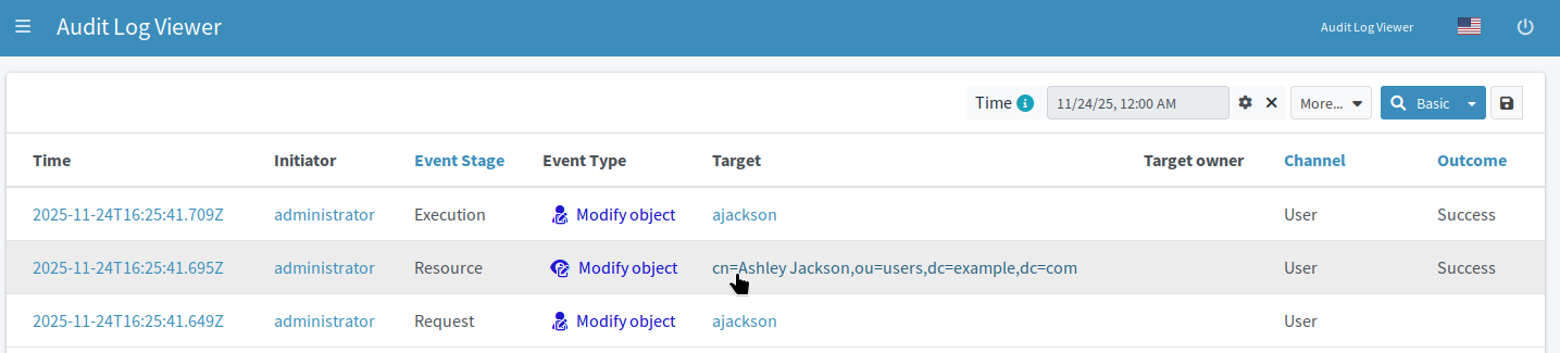 Changing the administrative status to Disabled triggers disabling the user on the target AD resource