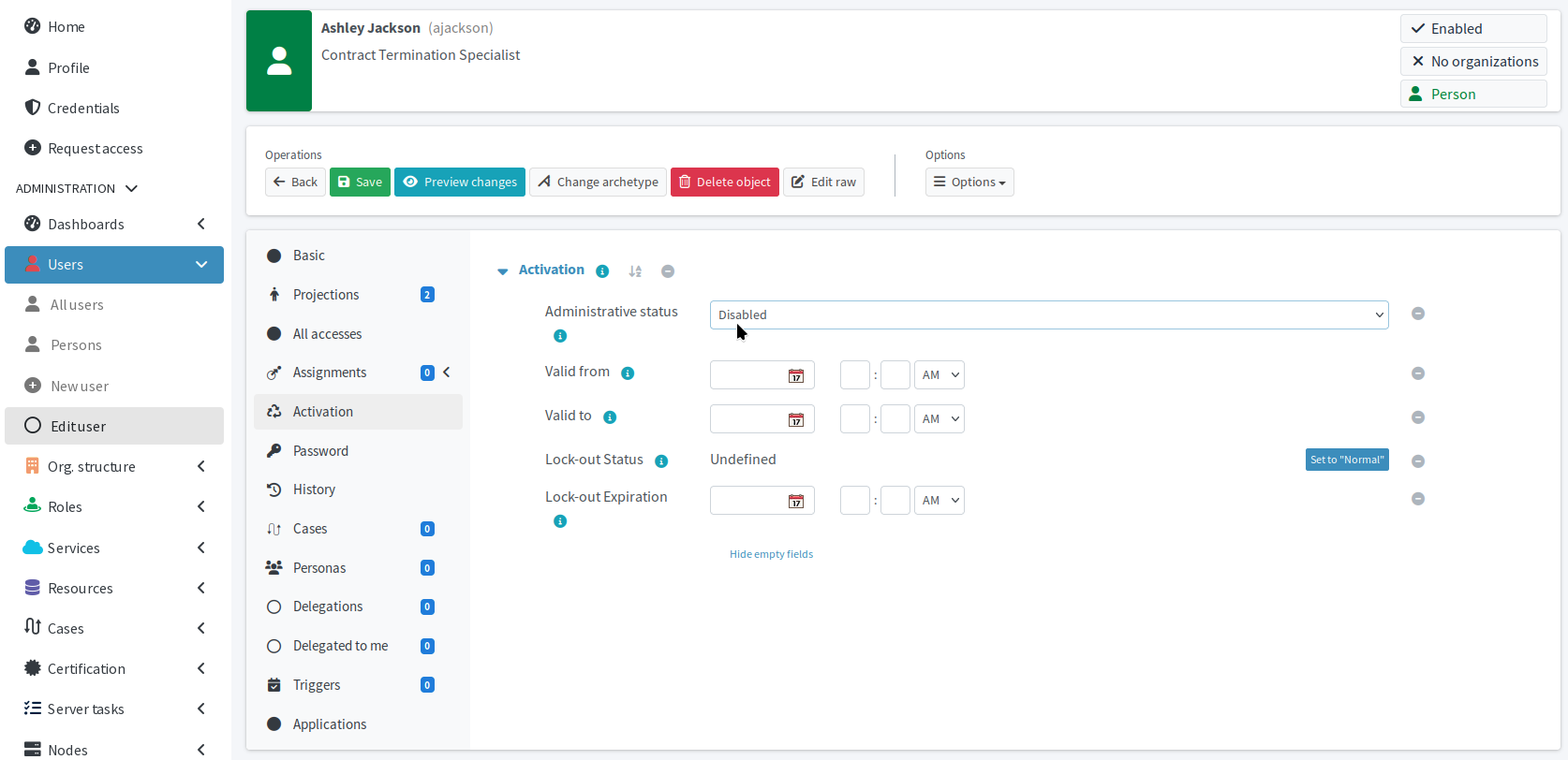 Set administrative status for Ashley Jackson