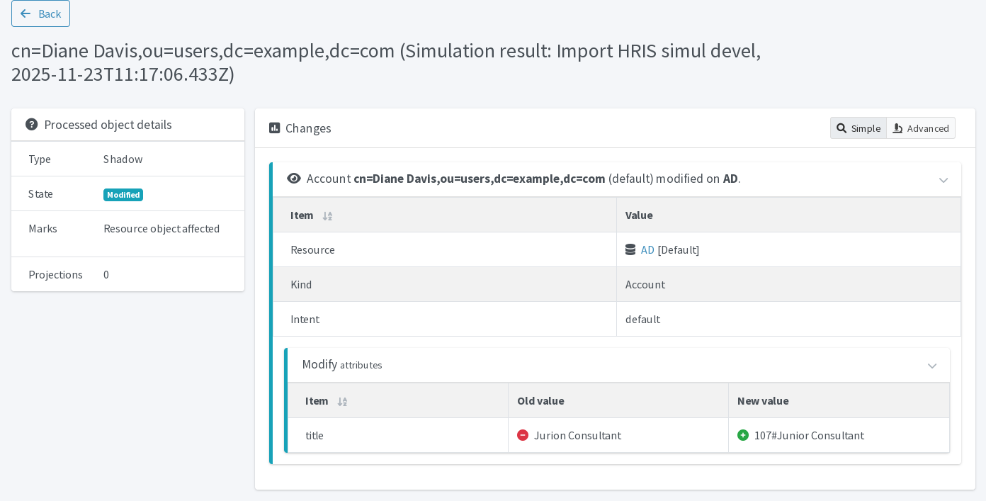 HRIS import simulation result for Diane Davis showing the job title would be provisioned to and corrected in the AD resource