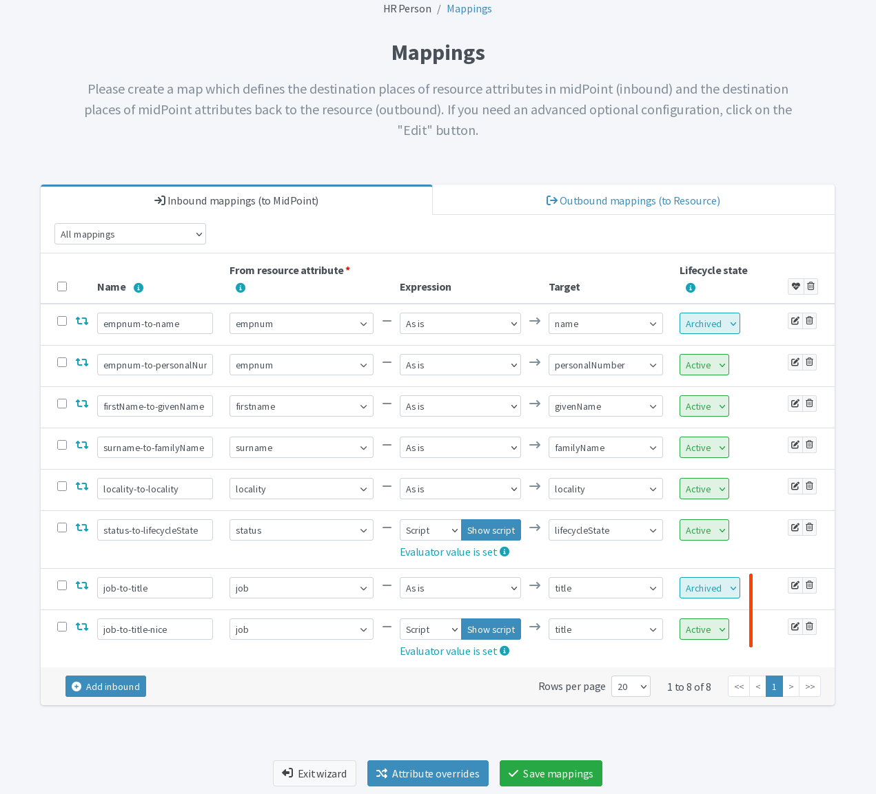 HRIS inbound mappings with the old job-to-title mapping archived and the new job-to-title-nice mapping active