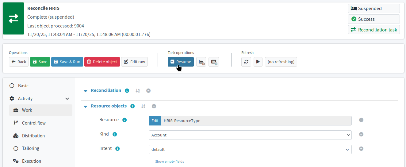 HRIS reconciliation task with the mouse pointer on the Resume button