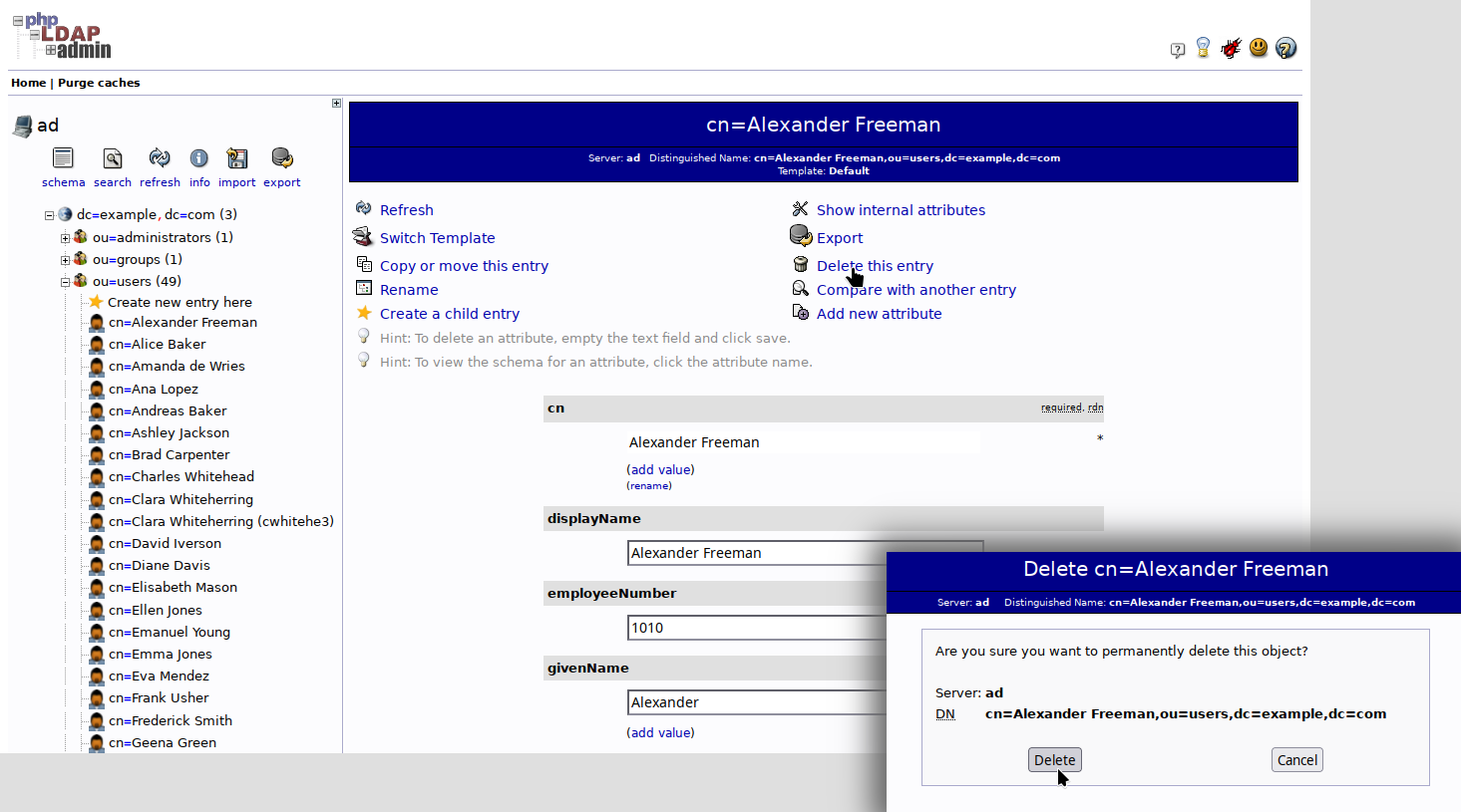 LDAP UI with user details opened and mouse pointer on the delete user button.