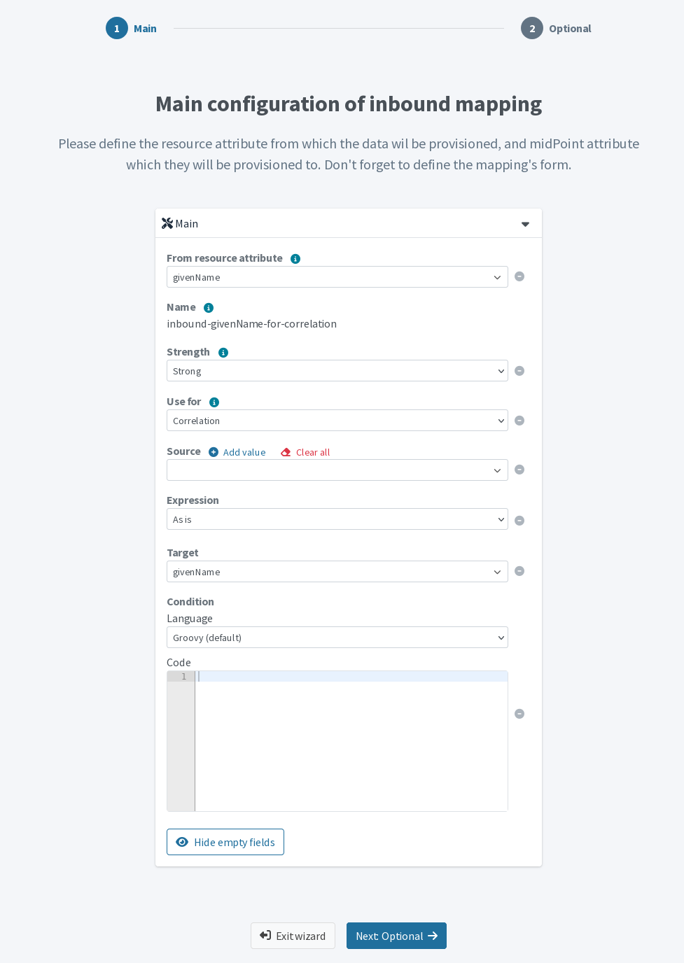 Advanced mapping options wizard screen with the main settings
