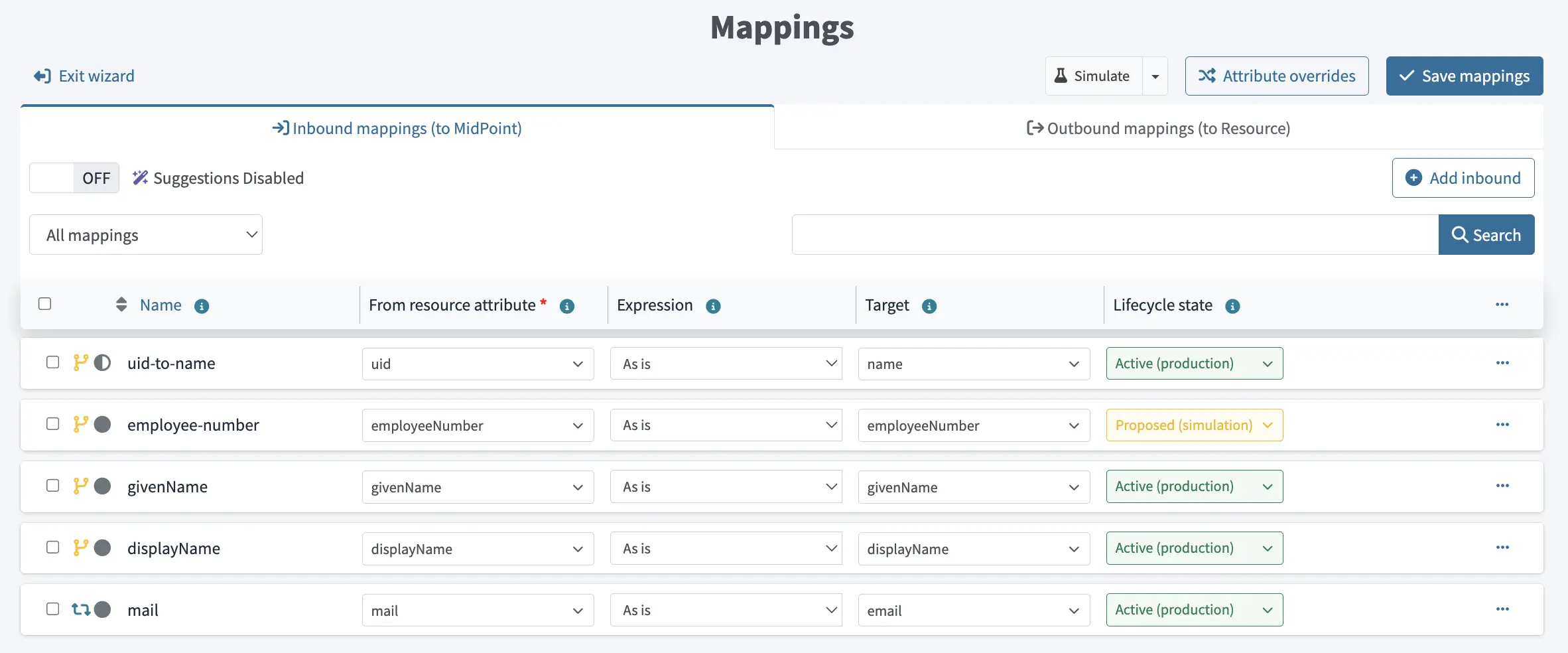 A screen listing all inbound mappings