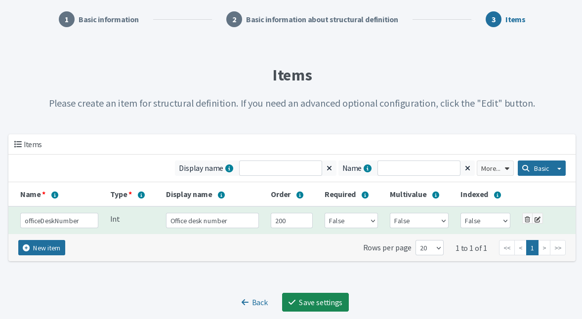 The last screen of the new schema wizard: items (attributes) in the custom schema extension