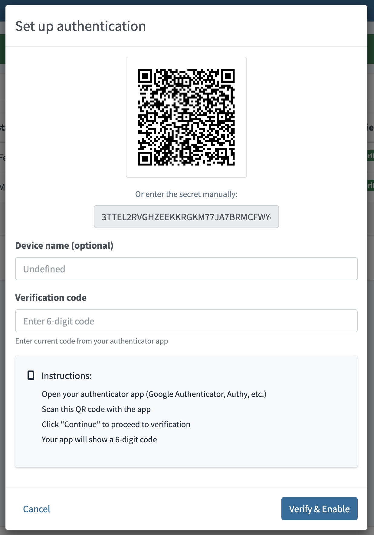 Dialog for creating a new TOTP credential