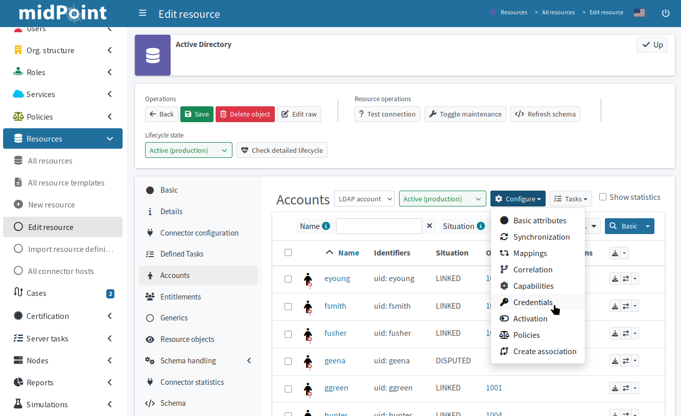 Configuration menu in the resource account list as an entry point to the credential mapping rules wizard