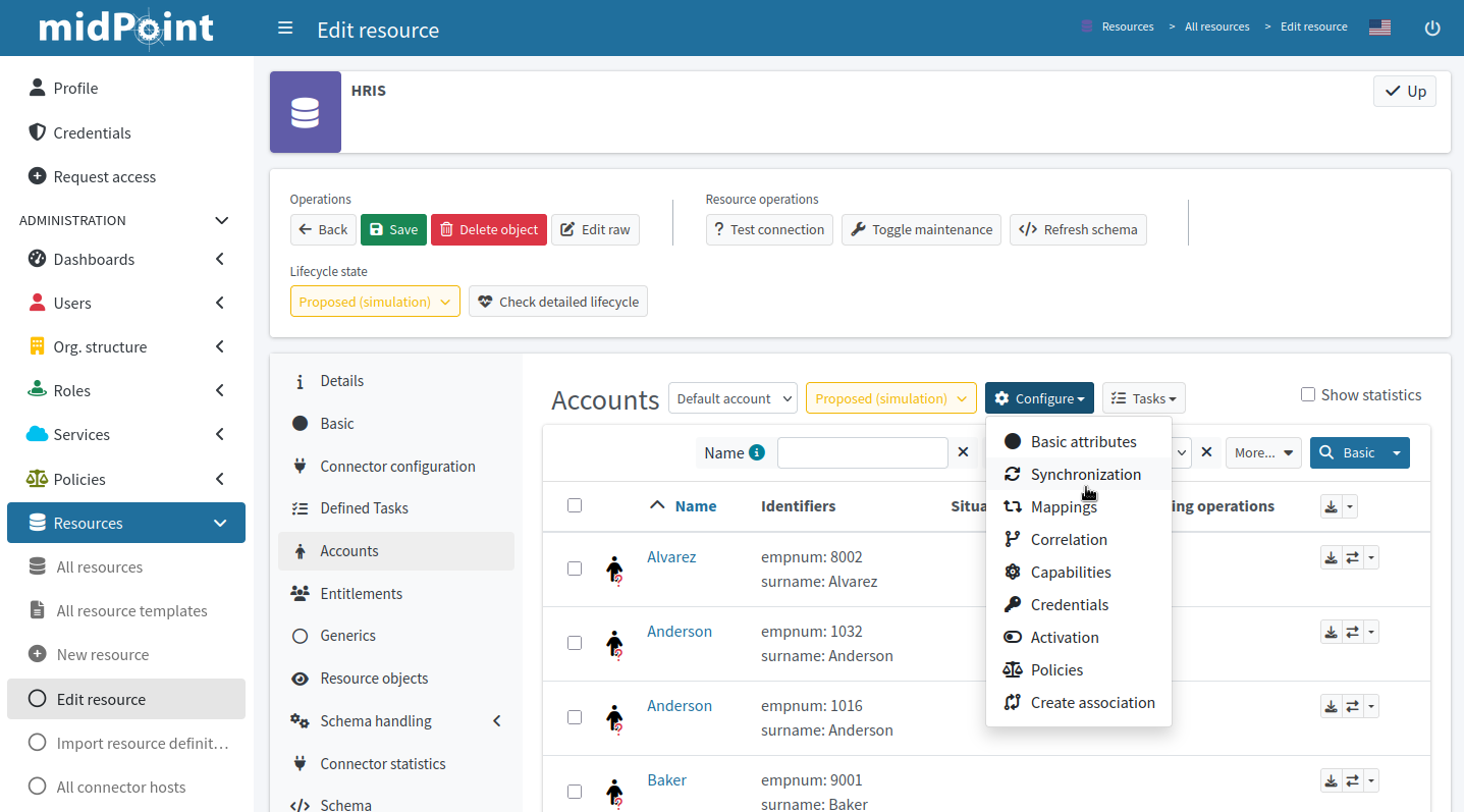 Configuration menu in resource accounts list as an entry point to the synchronization rules wizard