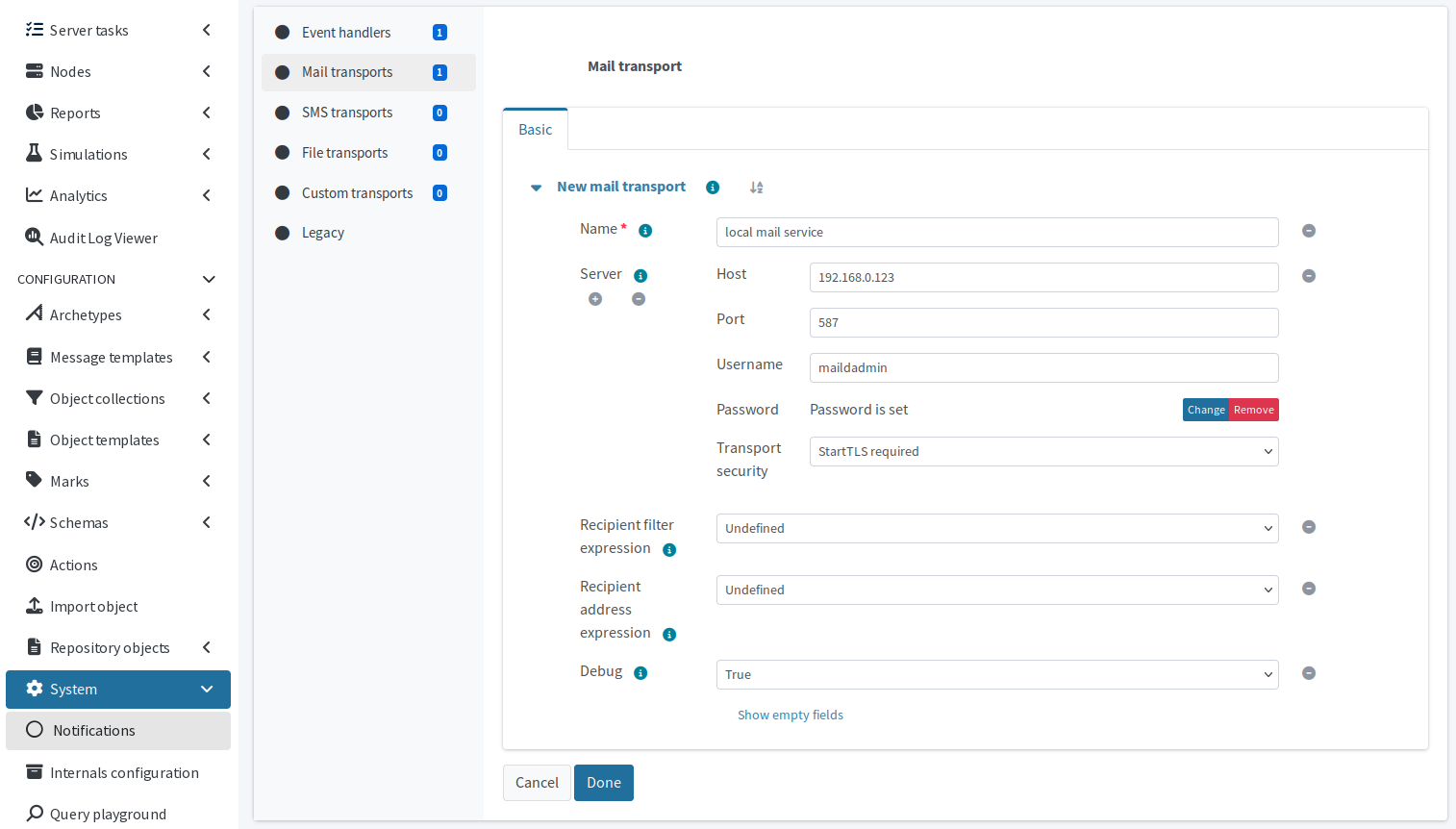 Basic SMTP server connection configuration